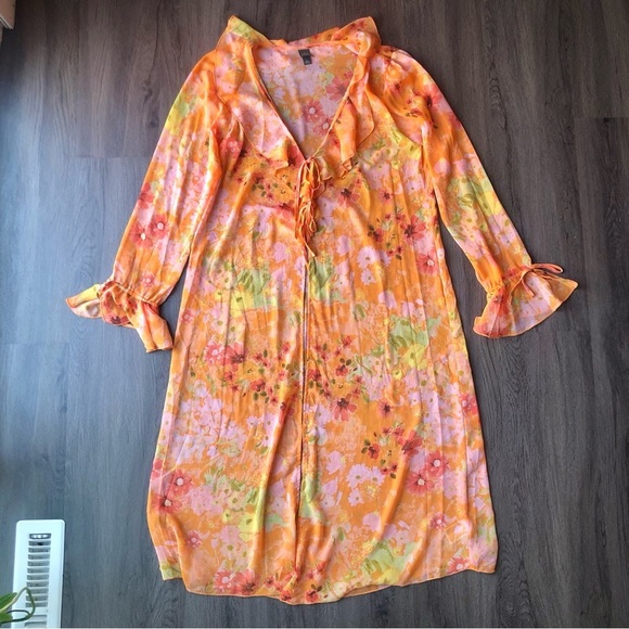 Wild Fable Sheer Orange Floral Duster Size Medium Retro 60s 70s Kimono Cover Up - Picture 2 of 7